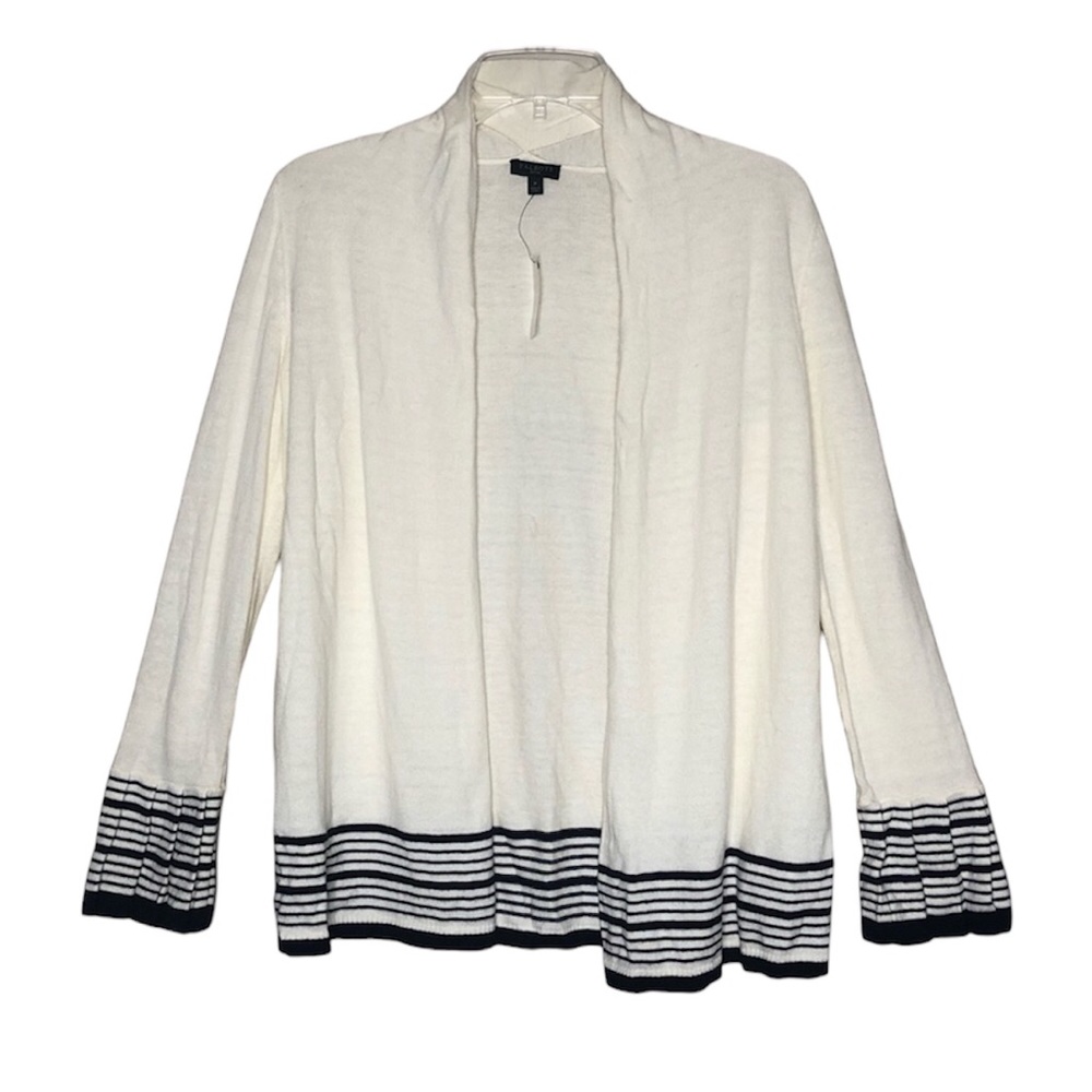 NWT TALBOTS | Cream Black Striped Pleated Sleeve Open Front Cardigan Sweater